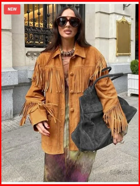 Faux Suede Fringe Jacket Oversized Long Sleeve Western Style Button Front - Picture 3 of 5